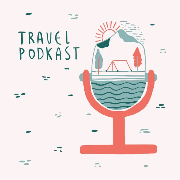 Design de logotipo de podcast de viagem. Microfone minimalista e paisagem ao ar livre com montanhas e uma barraca. — Vetor de Stock