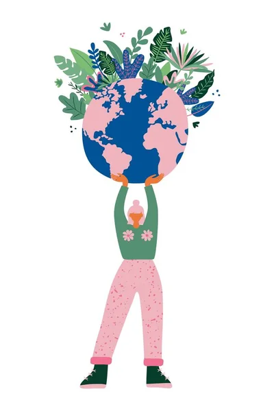 Young woman holds planet Earth with care and love. Earth Day. Vector illustration for poster, card, flyer, banner. Environment conservation and energy saving concept.