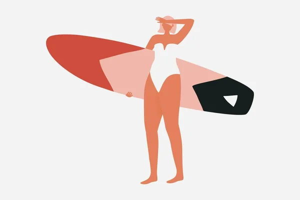 Sörf tahtası olan retro bikinili sörfçü kız. Tişört, kartpostal, yastık, poster, tekstil ve daha fazlası için yaz illüstrasyonu. El çizimi biçiminde vektör illüstrasyonu.