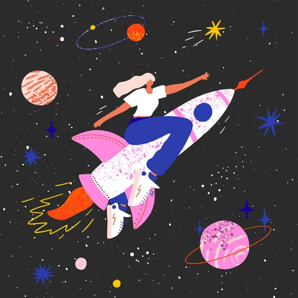 Feminism concept. Girl on a rocket flying in space to the stars and achievements. Cosmic power of a woman. International Woman Day. — Stock Vector