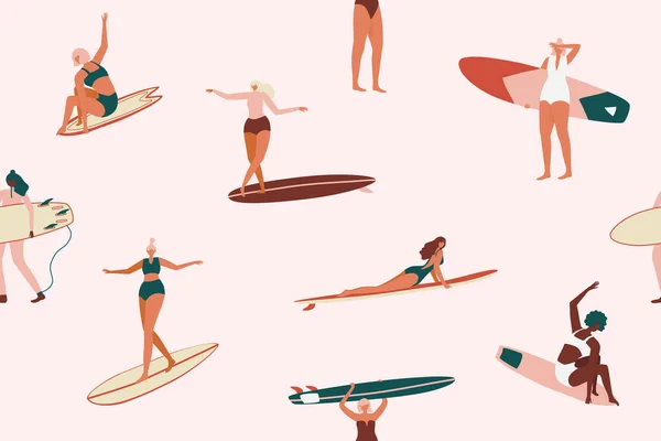 Retro sörf vektör içinde kusursuz desen. Mayo giymiş sörfçü kızlar, kısa tahtalı ve düz çizgili. Kumaş, duvar kağıdı, ambalaj kağıdı, arkaplan ve dekor için yaz tasarımı — Stok Vektör