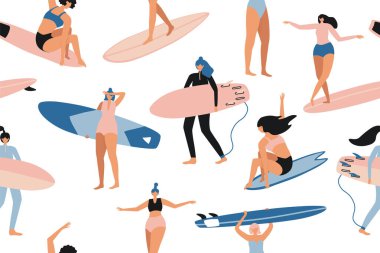 Surfing seamless pattern in vector. Surf girls character in swimsuit with a shortboard and Longboard. Summer design for fabric, wallpaper, packaging paper, backgrounds and decor.