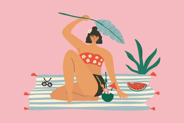 Summer poster with woman holding a tropical leaf. Beach towel, watermelon, coconut cocktail, sun umbrella. Background illustration for invitation, postcard, website banner, printing on a t-shirt. 