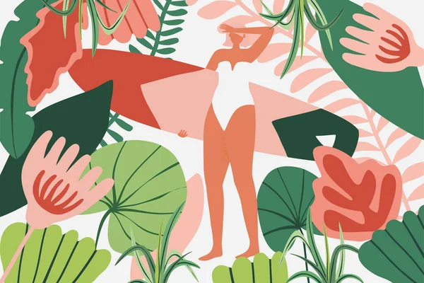 Surfer girl character in bikini with a surfboard in jungle. Surfing summer background illustration for printing on a T shirt, postcard, pillow, poster, textile and more. Vector illustration — Stok Vektör