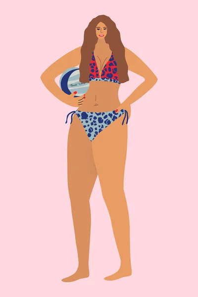 Beach Volleyball. Girl with a ball in a leopard print swimsuit. Beach volleyball player. Beach sports Activity on Summer Time. Vacation Leisure, Recreation, Sport. Flat Vector Illustration.