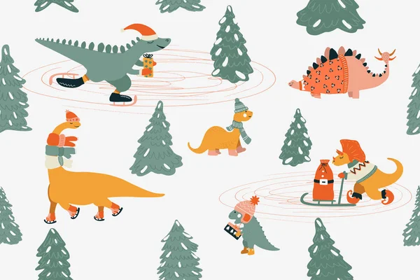 Dinozor Noel seti. Şirin Dino ve diğer muhteşem kış unsurlarıyla kusursuz yeni yıl şablonu: hediyeler, Noel ağacı, patenler, finnish sleigh. Çizgi film el çizimi tarzında vektör illüstrasyonu.