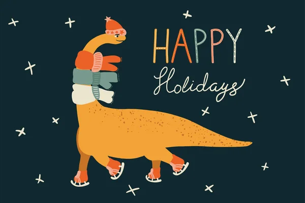 Bir diplodocus dinozoruyla Noel kartı. Dino 'nun şapka ve eşarplı patenleriyle kış vektör çizimi. Çizgi film el çizimi tarzında bir karakter. Tebrik kartı için şirin tasarım, tişörte yazdırma.