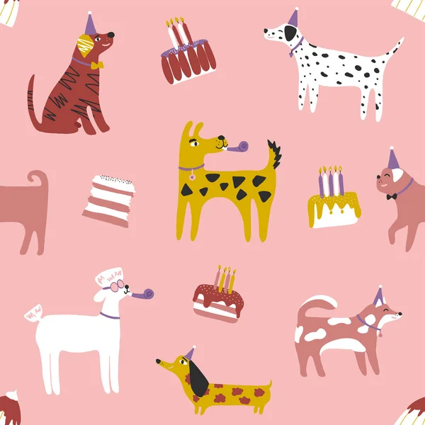 Doğum günü şapkalı şirin köpeklerle kusursuz desenler: dachshund, Jack Russell, terrier, doberman. Hayvan deseni, çocuklar için mükemmel tekstil, kreş dekoru, kumaş, ambalaj kağıdı..