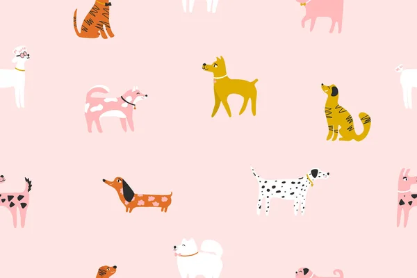 Papyonlu şirin köpeklerle kusursuz desenler: dachshund, terrier, doberman, samoed, kaniş, akita inu, labrador, dalmaçyalı. Çocuklar için tekstil, kumaş, ambalaj kağıdı. 