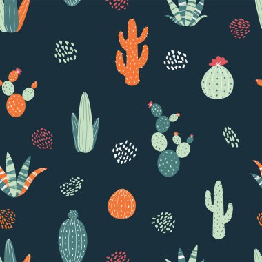 Siyah arka planda farklı kaktüsleri olan vektörsüz desen. Yeşil kaktüsle tekrarlanan parlak doku. Kumaş, tekstil ve ambalaj kağıtları için doğal arkaplan çizimi..