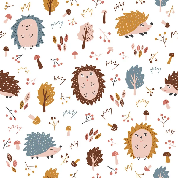 Bezproblémový podzimní vzor s ježkem, houbami a listy. Kreativní skandinávské zázemí. Ideální pro děti oděvy, tkaniny, textil, výzdoba školky, balicí papír. Vektorová ilustrace. — Stockový vektor