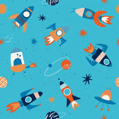 Elle çizilmiş uzay elementleri olan çocuksu, pürüzsüz bir model. Roketlerle, gezegenlerle, yıldızlarla, kuyruklu yıldızlarla ve UFO 'larla yazdır. Tekstil grafikleri için vektör tasarımı, çocuk tasarımı, kumaş, ambalaj, duvar kağıdı, tekstil.
