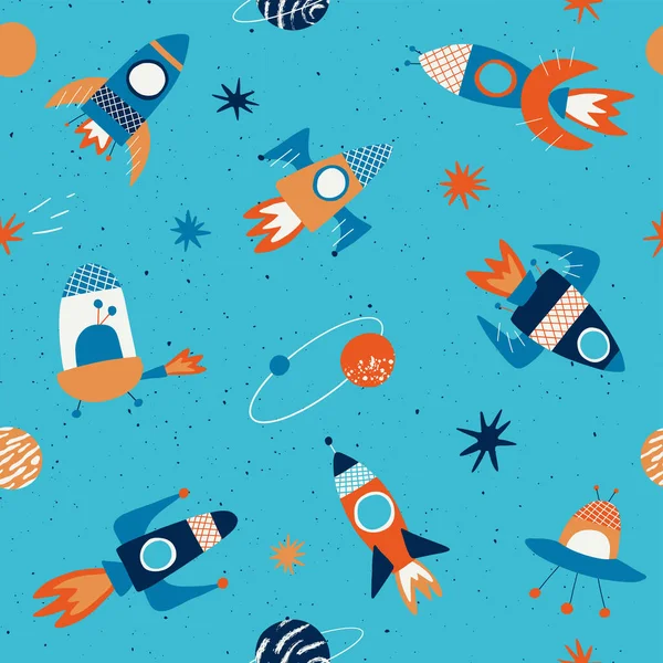 Childish seamless pattern with hand drawn space elements. Print with rockets, planets, stars, comets and UFOs. Vector design for textile graphics, kids design, fabric, wrapping, wallpaper, textile.