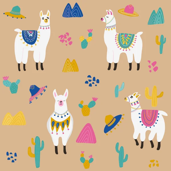 Bezproblémový vzor s lamou, sombrerem, kaktusem, horami a ručně kreslenými prvky. Tvůrčí dětská textura. Skvělé pro tkaniny, textil, balicí papír, polštář. Vektorová ilustrace. — Stockový vektor