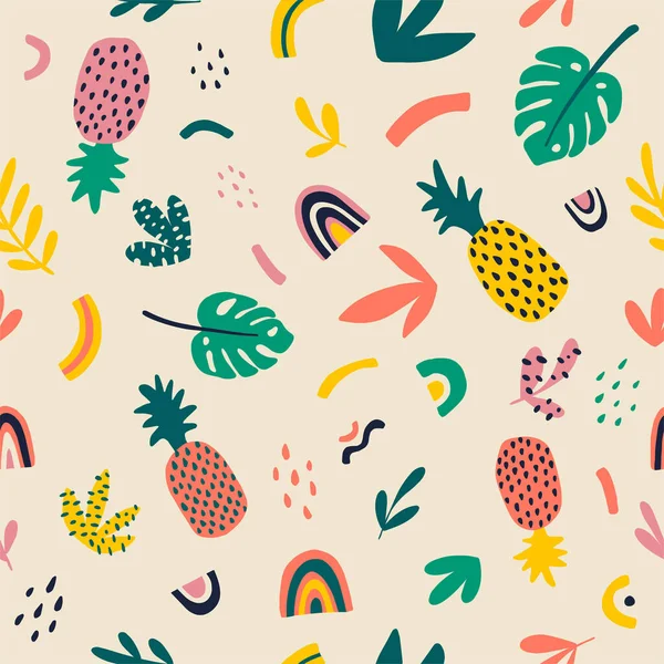 Ananas, canavar yaprakları, tropikal yapraklar, gökkuşağı, noktalar. Havai tarzı el yapımı vektör deseni. İskandinav tarzı çocuklar..