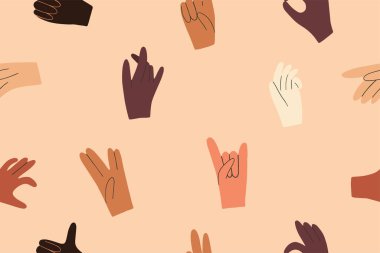 Elleri farklı ten renginde kusursuz bir desen. Irk eşitliği, çeşitlilik, hoşgörü sembolü. Farklı ten rengi dayanıklılığı ve ırkçılık karşıtı el hareketleri. El çizimi vektör illüstrasyonu