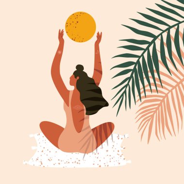 Young girl on the beach with branches of palm trees. Concept female power. Boho style portrait. Hand drawn vector illustration. vector Young girl on the beach with branches of palm trees. Concept female power. Boho style portrait. Hand drawn vector illustration. vector