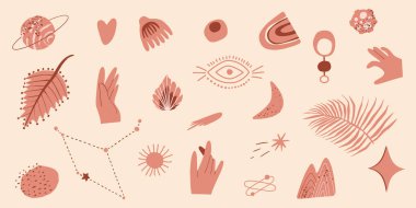 Boho el seti çeşitli şekiller ve karalama nesneleri çizdi. Soyut Çağdaş Orta Çağ Modern Sanat Eğilimi. Yazdırma, poster ve davet için modern soyut şablon.