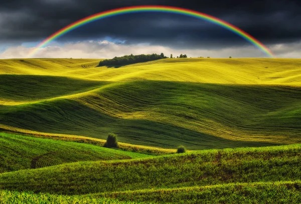 Vista Panorâmica Arco Íris Sobre Campo Verde — Fotografia de Stock