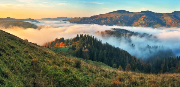 Majestoso Outono Paisagem Rural Paisagem Com Montanhas Com Nevoeiro Matinal — Fotografia de Stock