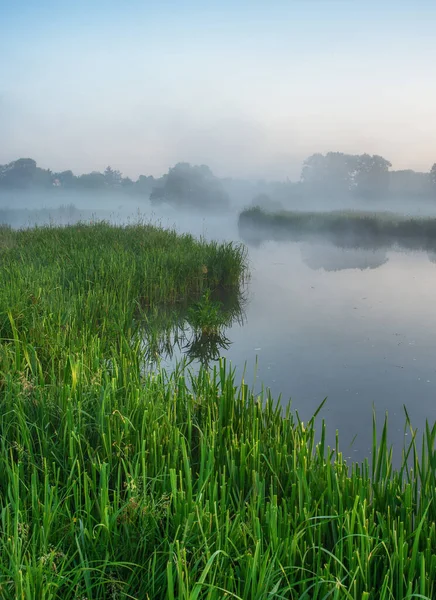 Beautiful Spring Sunrise River Banks Morning Fog — Stock Photo, Image
