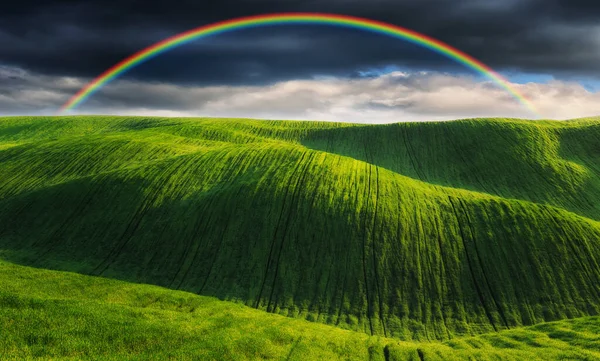 Vue Panoramique Arc Ciel Sur Champ Vert Ciel Gris Dramatique — Photo