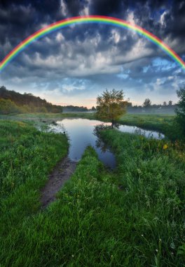 Baharda nehirde gökkuşağı olan bir manzara. Renkli bir sabah