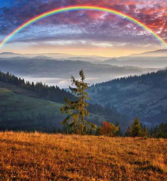 Rainbow over the Mountains. autumn morning in the Carpathians