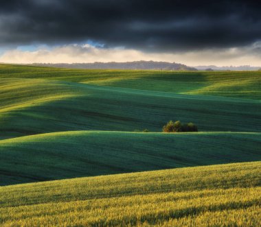 Tepeli bir tarlanın üzerindeki resimsel bulutlar. Kırsal alanda çarpıcı bir gökyüzü