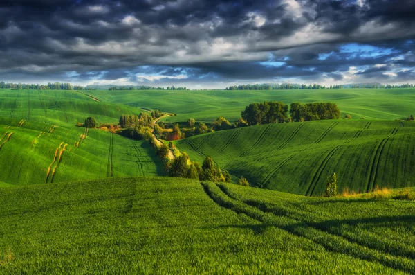 Nuages Pittoresques Sur Champ Vallonné Ciel Spectaculaire Sur Paysage Rural — Photo