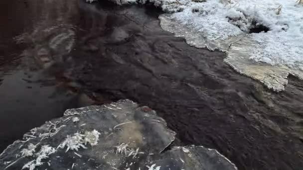 Зимний поток, лед и быстрое течение — стоковое видео