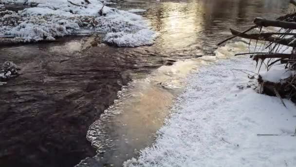 Fluxo de inverno, gelo e corrente rápida — Vídeo de Stock