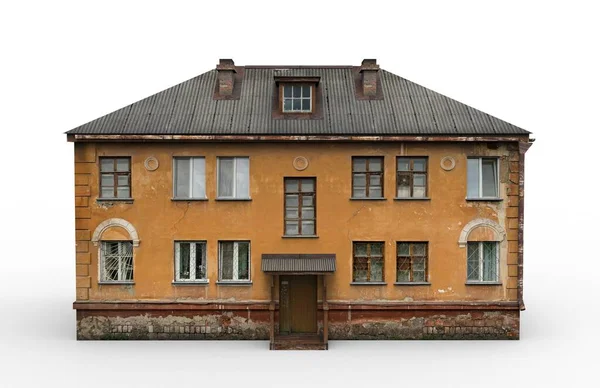 Beyaz arka planda eski bir bina. 3B görüntüleme