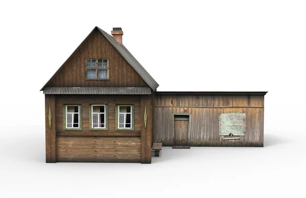 마을의 옛 집은 하얀 배경을 가지고 있다. 3D 렌더링 — 스톡 사진