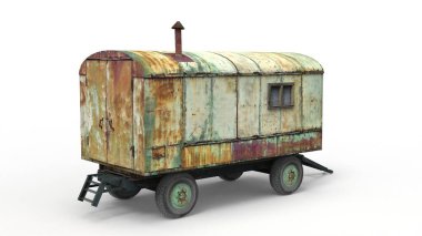 Eski oduncu karavanı beyaz bir arka planda. 3B görüntüleme