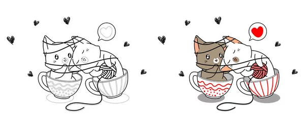 Χαριτωμένο Ζευγάρι Γάτα Αγάπη Στο Κύπελλο Κινουμένων Σχεδίων Χρωματισμού Σελίδα — Διανυσματικό Αρχείο