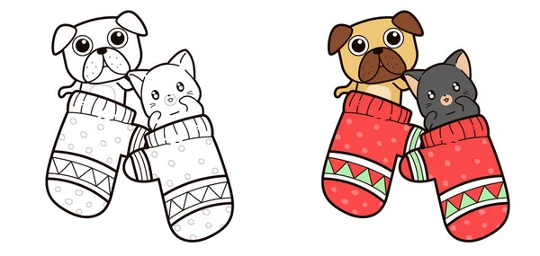 手袋の中の犬と猫漫画の着色ページ — ストックベクタ