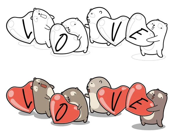 Ursos Bonitos Estão Abraçando Corações Adoráveis Desenhos Animados Página Para —  Vetores de Stock