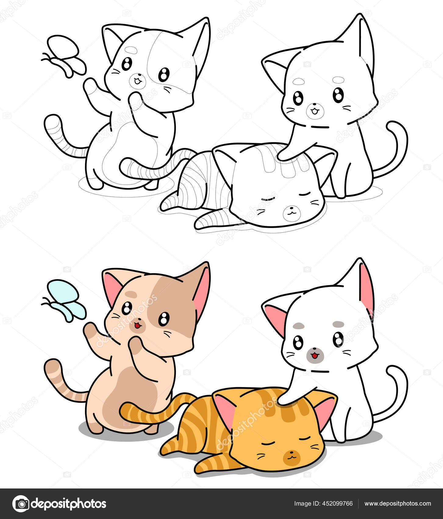 Livro de colorir kawaii desenhado à mão com gatos