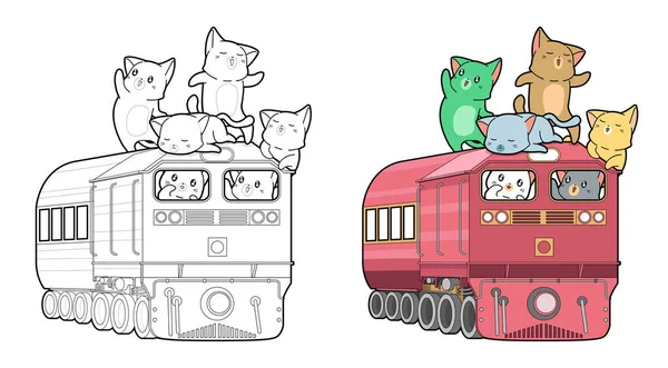 Chats Sur Page Colorier Dessin Animé Locomotive Pour Les Enfants — Image vectorielle