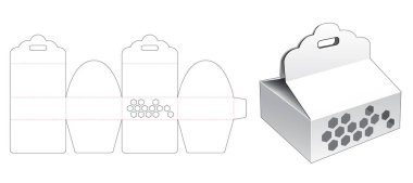 Cardboard packaging box with ribbon hole and hexagonals window die cut template
