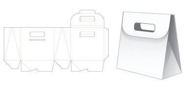 Cardboard triangular bag with flip and handle die cut template