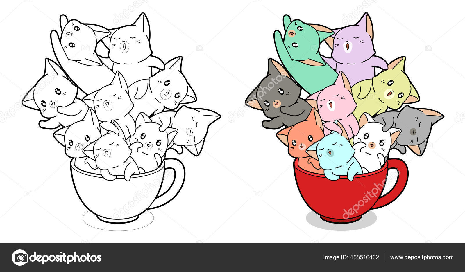 Kawaii Gatos Xícara Café Desenhos Animados Para Colorir Página Para  vetor(es) de stock de ©Valueinvestor 458516402
