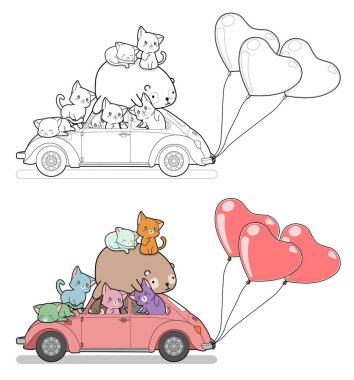 Birçok kedi ve ayı, araba ve kalp balonlarıyla çocuklar için kolay boyama sayfası.