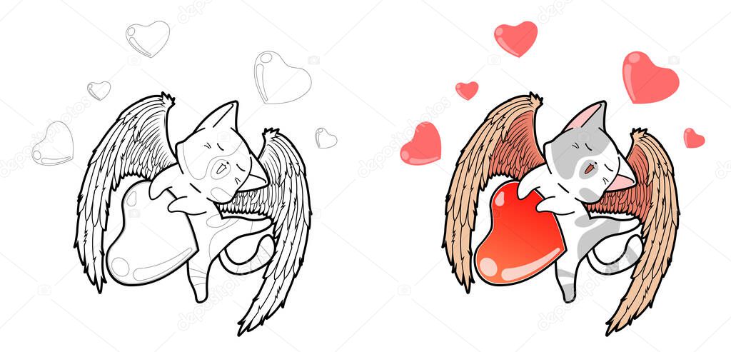 Cupid cat character with hearts cartoon coloring page