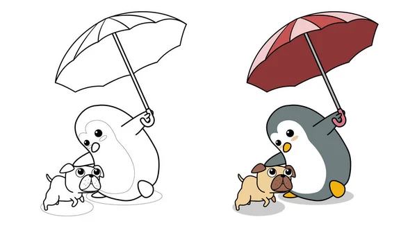 Liebenswerter Pinguin Hält Regenschirm Mit Hund Cartoon Malseite Für Kinder — Stockvektor