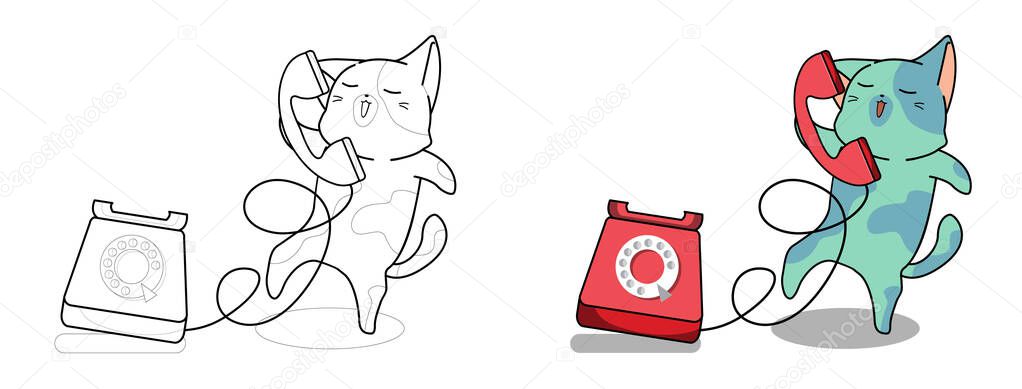 Adorable cat and telephone cartoon coloring page for kids