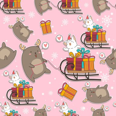 Kusursuz desenli Noel Baba kedisi Ren geyiği ve hediyelerle