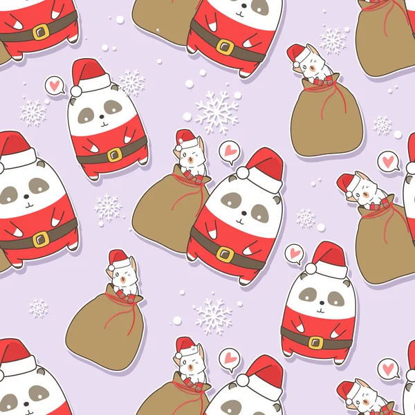 Seamless Pattern Santa Claus Panda Cat Christmas Day — Stock Vector