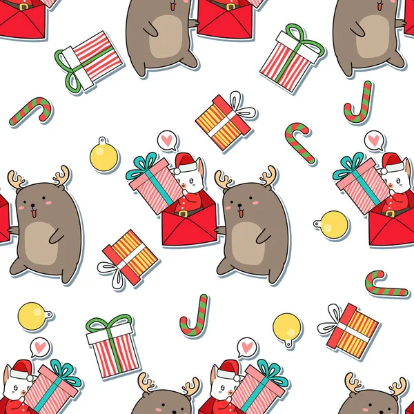 Nahtloses Muster Weihnachtsmann Katze Und Rentier Cartoon — Stockvektor